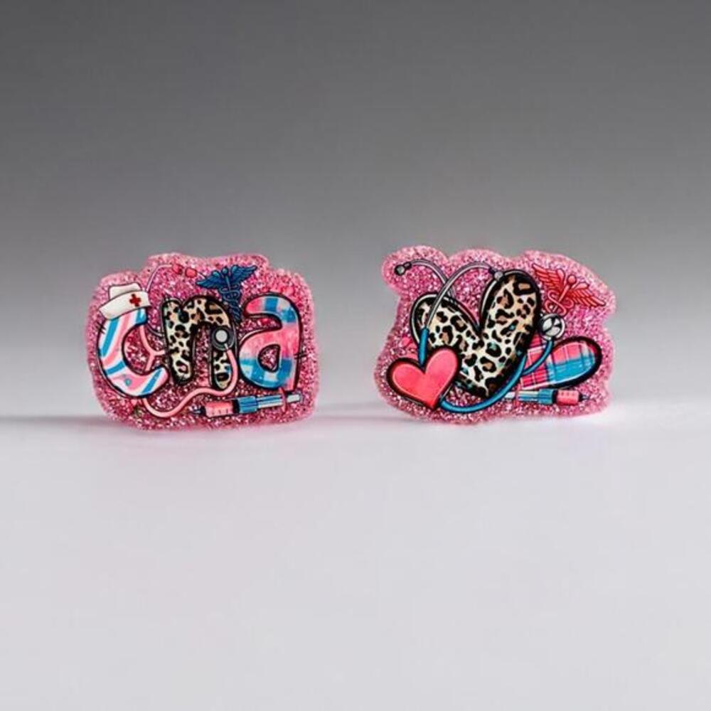 Magnet Set Of 2, CNA Pink Glitter Acrylic Magnets Nursing Medical Caregiver Gift